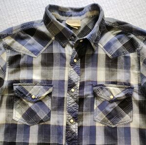 Roebuck & Co Pearl Snap Shirt XL Short Sleeve Western Blue Plaid